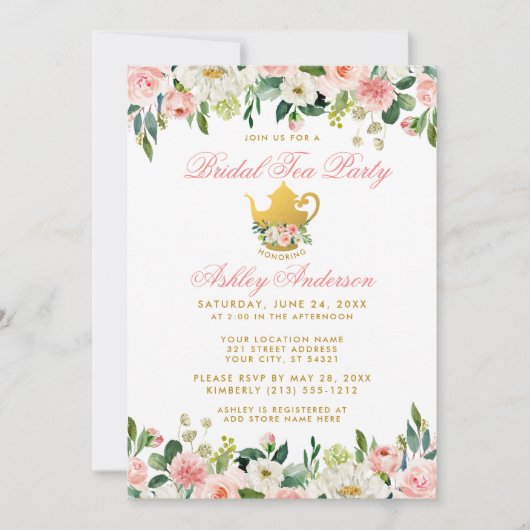 Floral Pink Gold Vrijgezellenfeest Tea Party nodig Kaart (Voorkant)