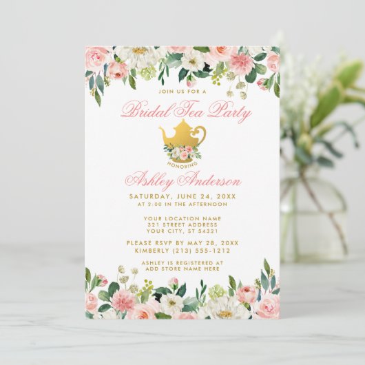 Floral Pink Gold Vrijgezellenfeest Tea Party nodig Kaart (Staand voorkant)