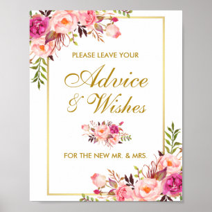 Floral Pink Gold Wedding Advice and Wishes Poster