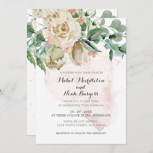 Floral Pink Green Foliage Elegant Roos Kaart (Voorkant / Achterkant)