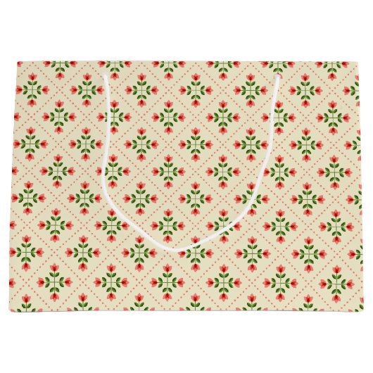 Floral Pink & Green Quilt Folk Art Pattern Groot Cadeauzakje (Voorkant)