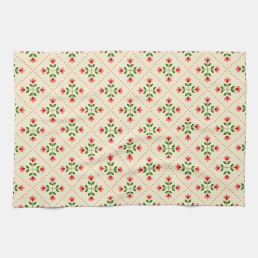 Floral Pink & Green Quilt Folk Art Pattern Theedoek (Horizontaal)