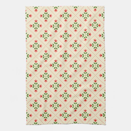 Floral Pink & Green Quilt Folk Art Pattern Theedoek (Verticaal)