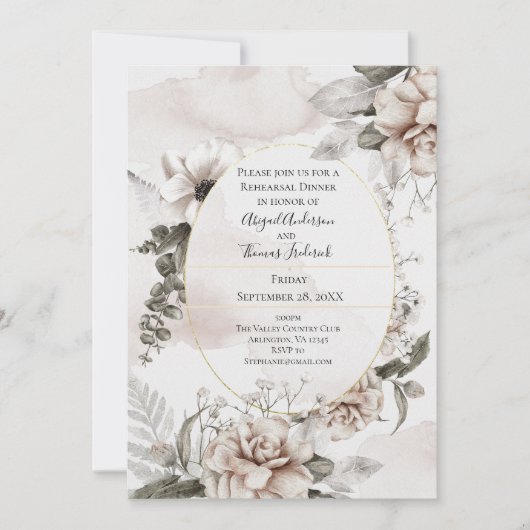 Floral Pink Grey Botanical Elegant Rehearsal Dinne Kaart (Voorkant)