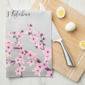 Floral Pink Grey Cherry Blosgeld personaliseren Theedoek (Quarter Fold)