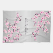 Floral Pink Grey Cherry Blosgeld personaliseren Theedoek (Horizontaal)