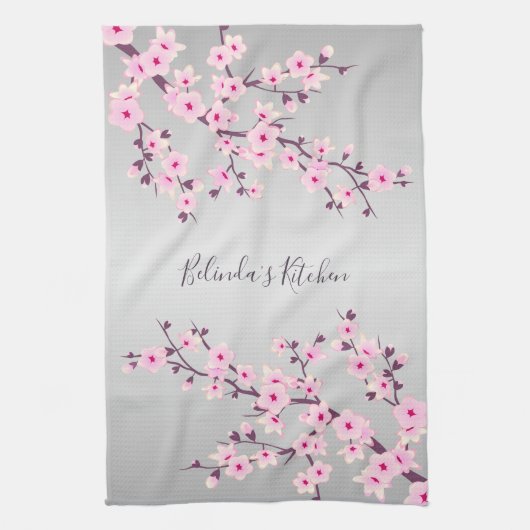 Floral Pink Grey Cherry Blosgeld personaliseren Theedoek (Verticaal)