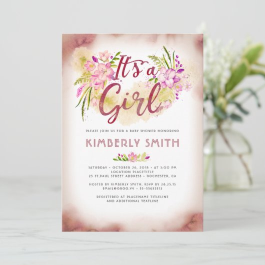 Floral Pink - Het is een meisje Baby shower Kaart (Staand voorkant)