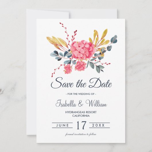 Floral Pink Hydrangeas Bouquet Save the Date (Voorkant)