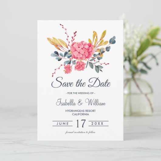 Floral Pink Hydrangeas Bouquet Save the Date (Staand voorkant)