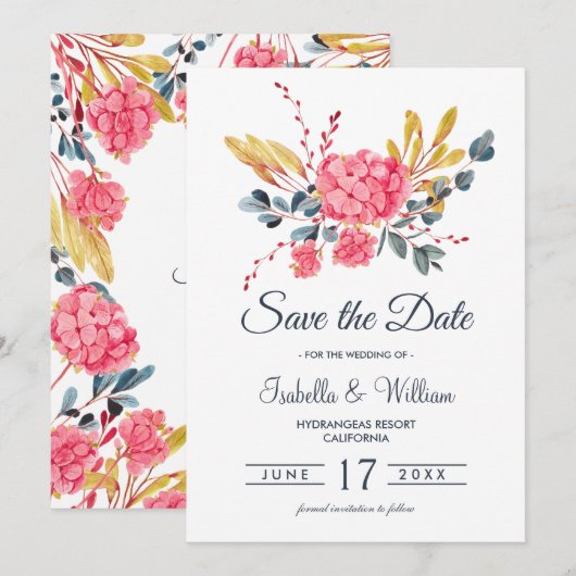 Floral Pink Hydrangeas Bouquet Save the Date (Voorkant / Achterkant)