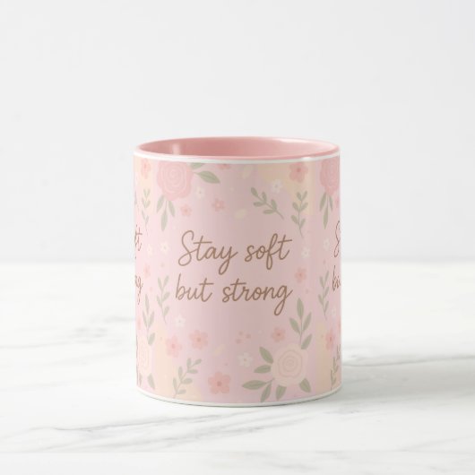 Floral Pink Inspirational Quote – Stay Soft Mok (Midden)