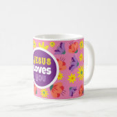 Floral Pink Jesus Loves You Coffee Mok (Voorkant rechts)