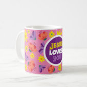 Floral Pink Jesus Loves You Coffee Mok (Voorkant links)