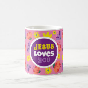 Floral Pink Jesus Loves You Coffee Mok