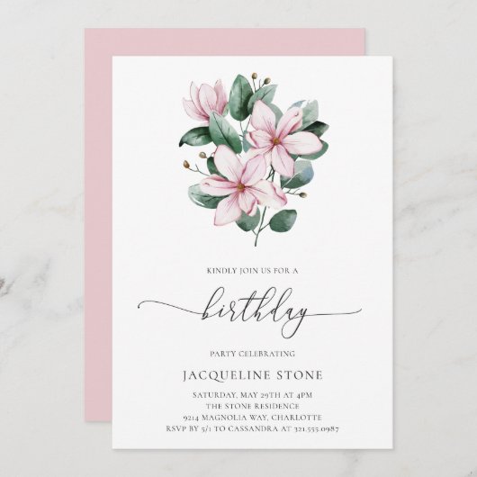 Floral Pink Magnolia Eucalyptus Adult Birthday Kaart (Voorkant / Achterkant)