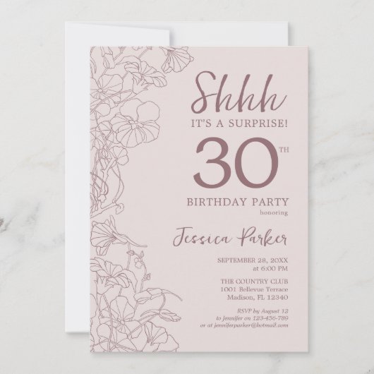 Floral Pink Mauve Surprise 30th Birthday Kaart (Voorkant)