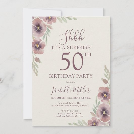 Floral Pink Mauve Surprise 50th Birthday Kaart (Voorkant)