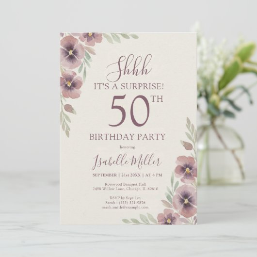 Floral Pink Mauve Surprise 50th Birthday Kaart (Staand voorkant)
