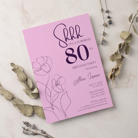 Floral Pink Mauve Surprise 80th Birthday Kaart