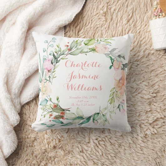 Floral Pink Monogram Baby Birth Stats Nursery Kussen (Deken)