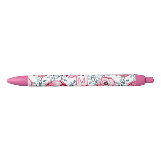  Floral Pink Monogram Zwarte Inkt Pen (Voorkant)