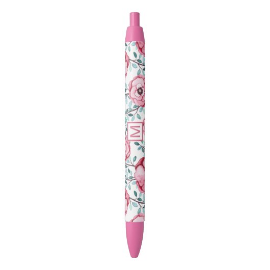 Floral Pink Monogram Zwarte Inkt Pen (Voorkant Verticaal)