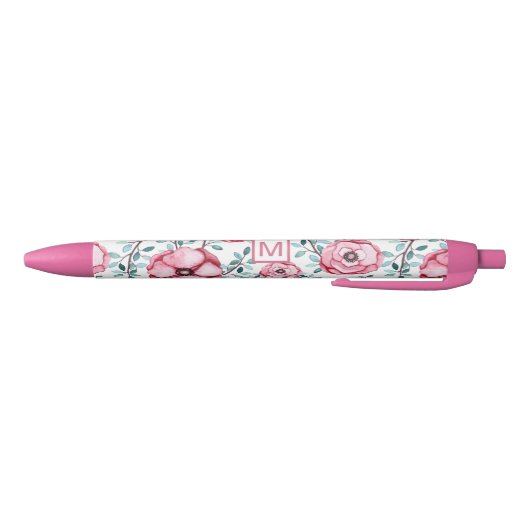  Floral Pink Monogram Zwarte Inkt Pen (Bodem)