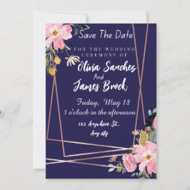 Floral pink Navy Blue Rustic Wedding  Kaart