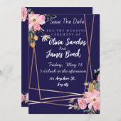 Floral pink Navy Blue Rustic Wedding  Kaart (Voorkant / Achterkant)