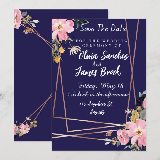 Floral pink Navy Blue Rustic Wedding  Kaart (Voorkant / Achterkant)