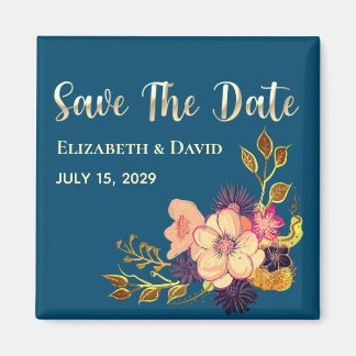 Floral Pink Navy Blue Save The Date uitnodiging Magneet