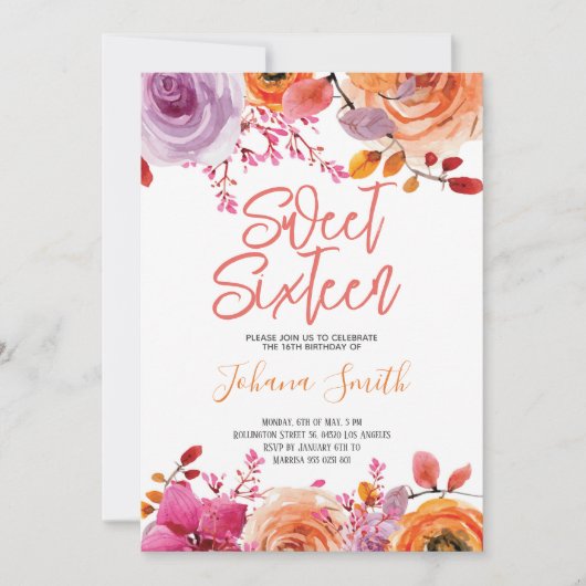 Floral Pink Oranje Sweet Sixteen Birthday Kaart (Voorkant)