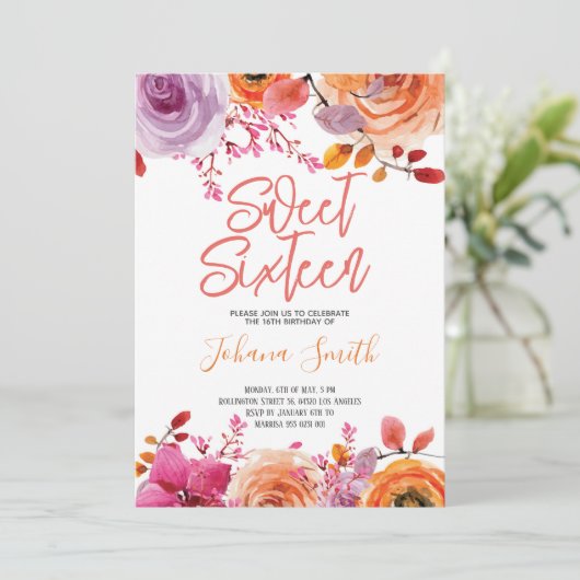 Floral Pink Oranje Sweet Sixteen Birthday Kaart (Staand voorkant)
