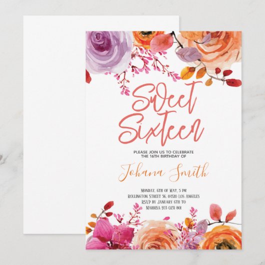 Floral Pink Oranje Sweet Sixteen Birthday Kaart (Voorkant / Achterkant)