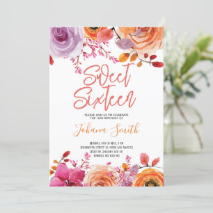 Floral Pink Oranje Sweet Sixteen Birthday Kaart