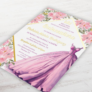 Floral Pink Paars Dress Elegant Quinceanera Gold Folie Uitnodiging