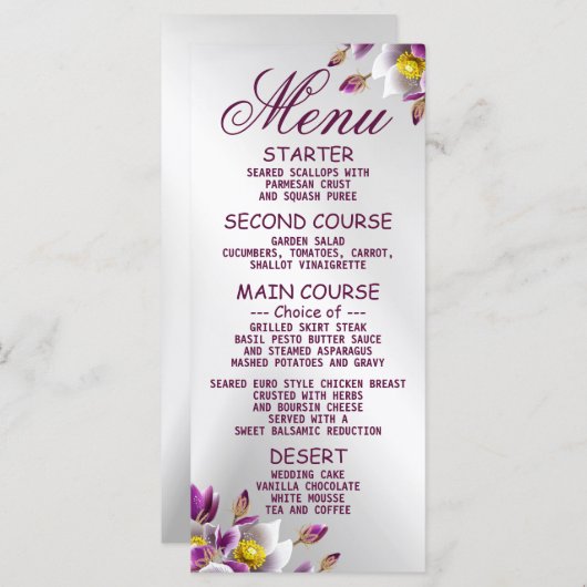 Floral Pink Paars Silver Dinner van Weddenschap Menu (Voorkant / Achterkant)