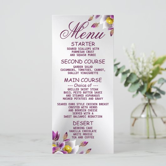 Floral Pink Paars Silver Dinner van Weddenschap Menu (Staand voorkant)