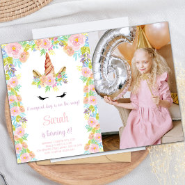 Floral Pink paars Unicorn Birthday Foto Kaart