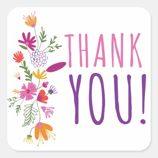 Floral Pink & Paarse Dank u Waterverf Flowers Vierkante Sticker (Voorkant)