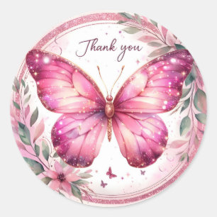 Floral Pink Pastel Glitter Butterfly - Dank u - Ronde Sticker