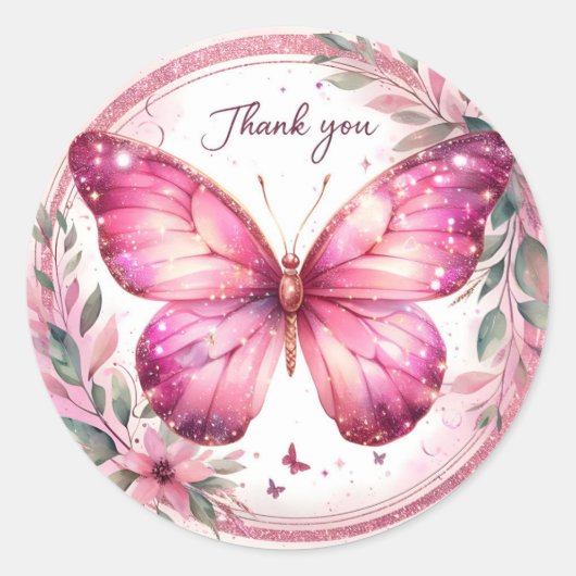 Floral Pink Pastel Glitter Butterfly - Dank u - Ronde Sticker (Voorkant)
