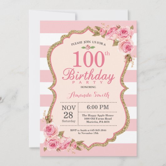 Floral Pink Peonies 100th Birthday Party Kaart (Voorkant)