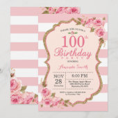 Floral Pink Peonies 100th Birthday Party Kaart (Voorkant / Achterkant)