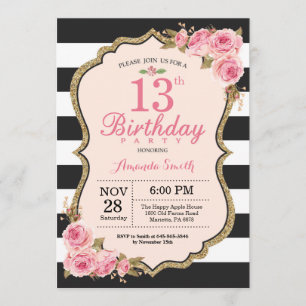 Floral Pink Peonies 13th Birthday Party Invitation Kaart