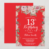 Floral Pink Peonies 13th Birthday Red Invitation Kaart (Voorkant / Achterkant)