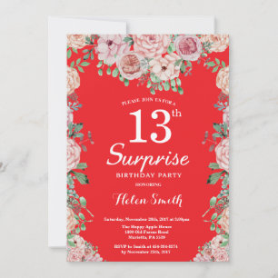 Floral Pink Peonies 13th Surprise Birthday Red Kaart