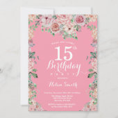 Floral Pink Peonies 15th Birthday Invitation Kaart (Voorkant)