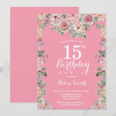 Floral Pink Peonies 15th Birthday Invitation Kaart (Voorkant / Achterkant)